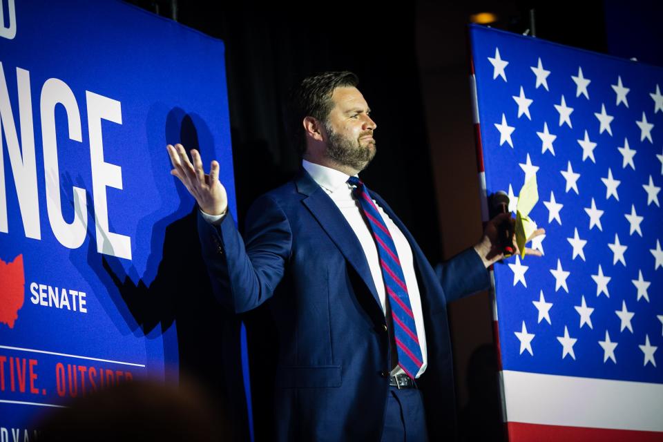 JD Vance celebrates his Republican primary win for Ohio's U.S. Senate seat in 2022.