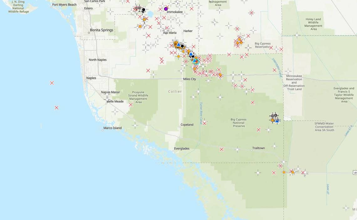 This map of oil and gas wells in Florida shows the cluster of exploratory wells, active wells and abandoned or sealed wells within Big Cypress National Preserve. The primary oil drilling locations are Raccoon Point to the east and Bear Island to the north.