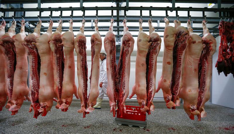 FILE PHOTO: Butchered pigs are pictured in the slaughterhouse Hasenheide in Fuerstenfeldbruck