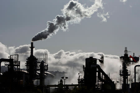 FILE PHOTO: Vapor is released into the sky at a refinery in Wilmington, California March 24, 2012. REUTERS/Bret Hartman