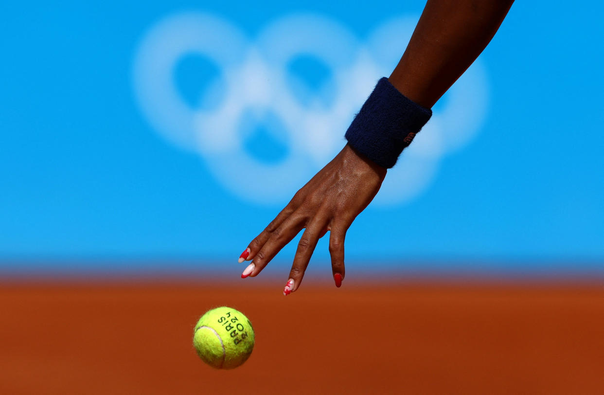 Hand of Coco Gauff of United States is seen during her match against Donna Vekic of Croatia during Women's Singles Tennis on July 30, 2024. (Edgar Su/Reuters)