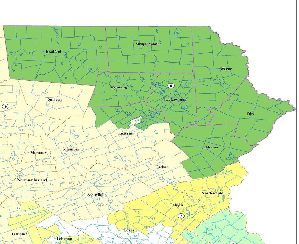 This segment of a potential redistricting map submitted by the GOP, and drawn by a citizen, proposes the whole of Monroe County join a new District 8. Monroe County is currently split between districts 8 and 7, and is represented in Congress by Matt Cartwright (D-8) and Susan Wild (D-7). District 7 includes Allentown and the Lehigh Valley.