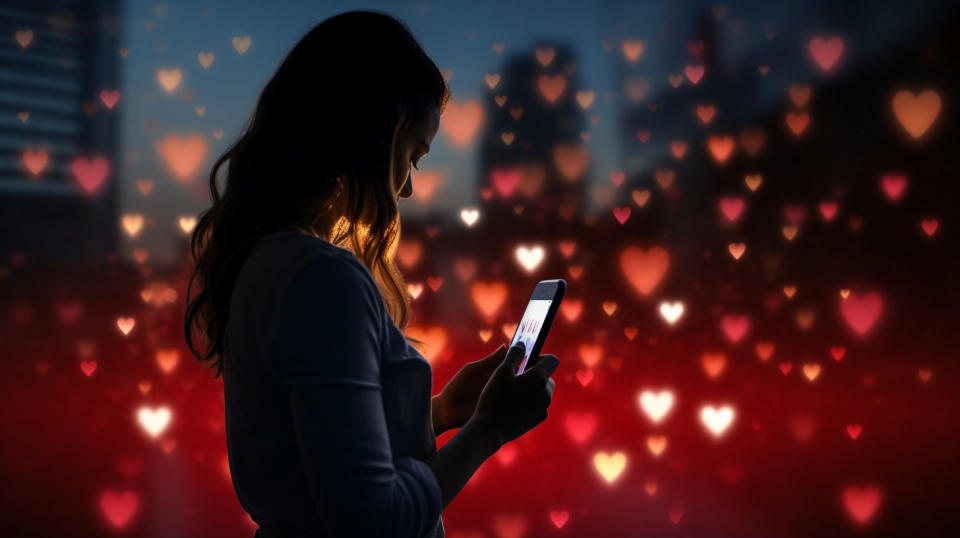 A silhouette of an iPhone user scrolling through an online dating app, representing the company's mobile application.