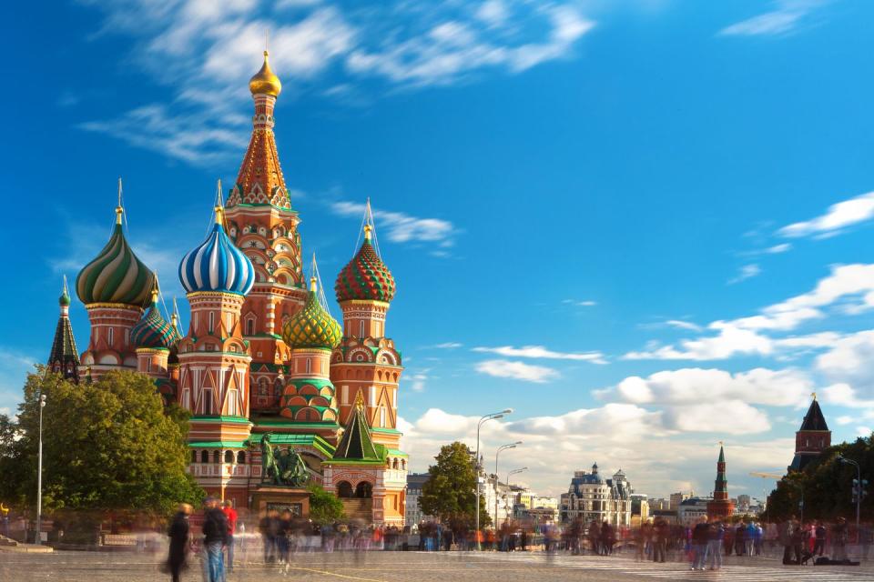 <p>Believe or not, the bursts of bright colors and mesmerizing patterns on the facade and domes of <a href="https://shm.ru/museum/hvb/" rel="nofollow noopener" target="_blank" data-ylk="slk:St. Basil's Cathedral;elm:context_link;itc:0;sec:content-canvas" class="link ">St. Basil's Cathedral</a> weren’t always there. Ivan the Terrible ordered the construction of a grand cathedral in 1554 to honor his victories against the armies of Kazan and Astrakahn. Originally, St. Basil's was said to be white with gold domes to match the colors and stone of the Kremlin. However, about a century after its completion, the cathedral was painted a rainbow of colors based on a vibrant description of heaven found in the Book of Revelation.</p>