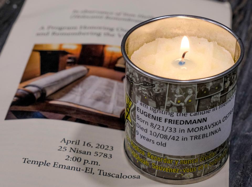 A Holocaust Remembrance Day candle burns to honor the memory of nine-year-old Eugenie Friedmann who was murdered by Nazis in the Treblinka death camp on Oct. 8, 1942, in Poland.