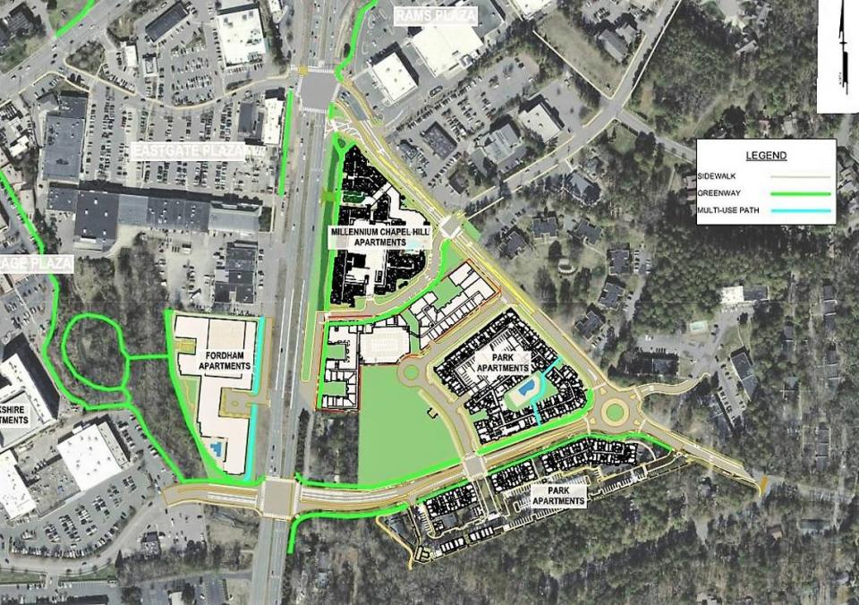 An overhead view shows how the area around Fordham Boulevard and Ephesus Church Road has changed and could continue to change as projects, including the Park at Chapel Hill, Millennium Chapel Hill and Aura Blue Hill (not identified, at center), are built.