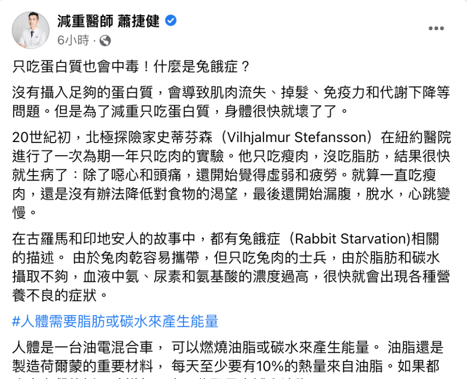 減重醫師蕭捷健今在臉書指出，沒有攝入足夠的蛋白質，會導致肌肉流失、掉髮、免疫力和代謝下降等問題。   圖：翻攝自減重醫師 蕭捷健 臉書專頁