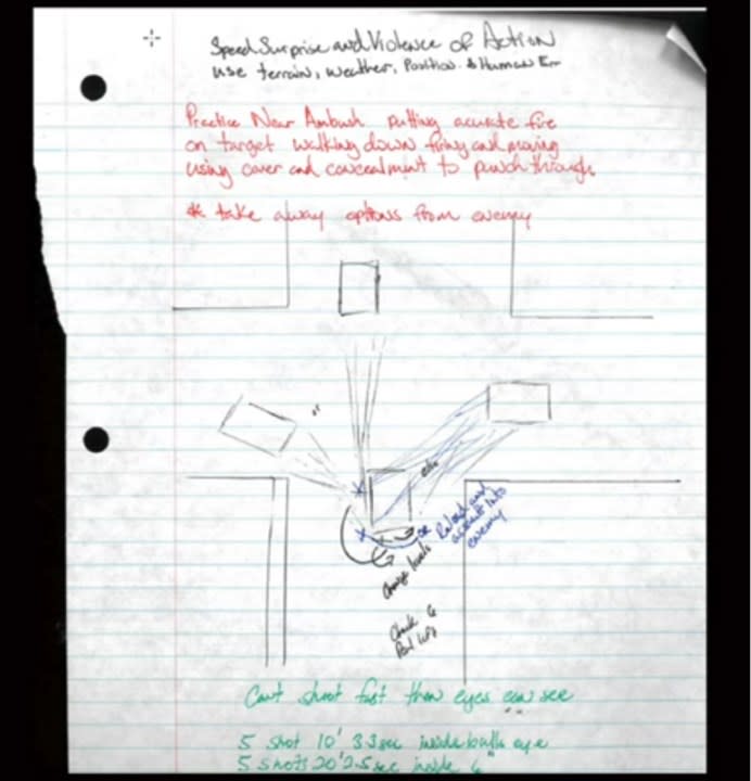 <em>A diagram found in a notebook of Justin Davidson’s shown during a LVMPD news conference. (KLAS)</em>