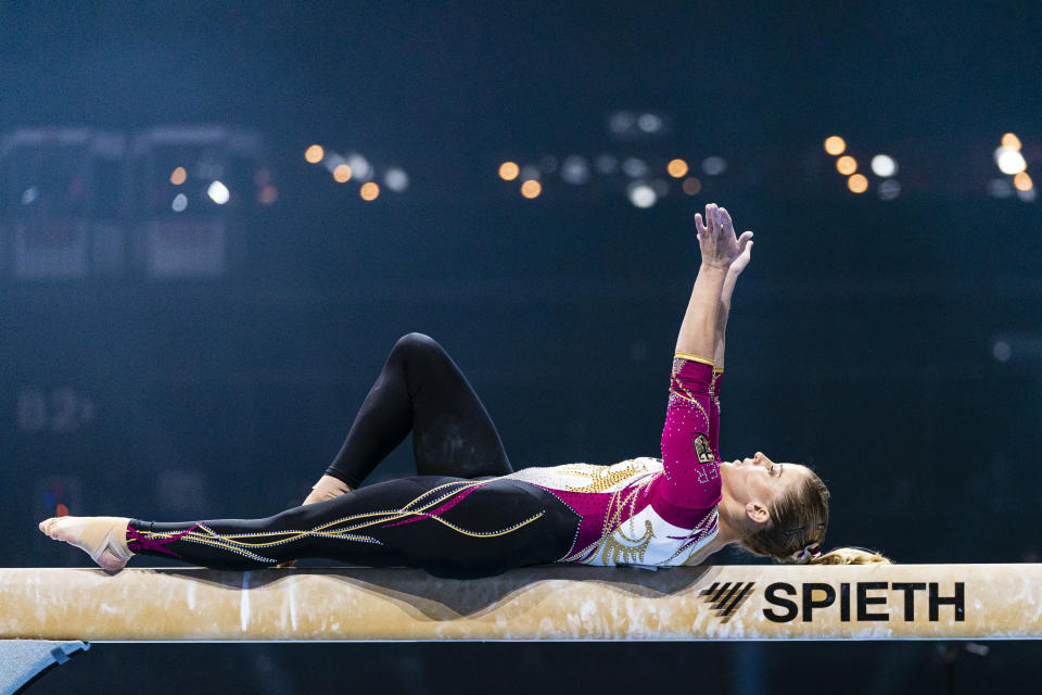 BASEL, SWITZERLAND - APRIL 23: Elisabeth Seitz of Germany competes on the beam during the Women's Artistic Gymnastics Finals at St. Jakobshalle on April 23, 2021 in Basel, Switzerland. (Photo by Eurasia Sport Images/Getty Images)