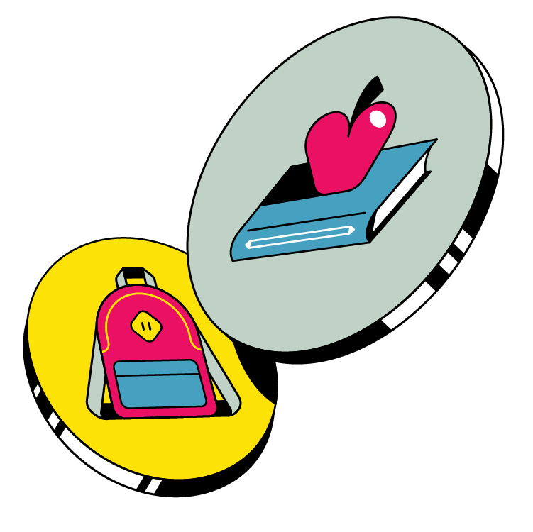 Ilustración de una mochila y una manzana sobre un libro escolar.