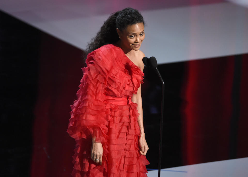 Thandie Newton presents the award for outstanding actor in a drama series at the 50th annual NAACP Image Awards on Saturday, March 30, 2019, at the Dolby Theatre in Los Angeles. (Photo by Chris Pizzello/Invision/AP)