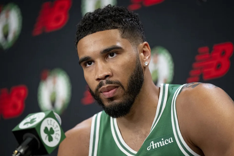  Jayson Tatum #0 of the Boston Celtics speaks to the media during Boston Celtics Media Day at The Auerbach Center on September 24, 2024 in Boston, Massachusetts. NOTE TO USER: User expressly acknowledges and agrees that, by downloading and or using this photograph, User is consenting to the terms and conditions of the Getty Images License Agreement. (Photo by Maddie Malhotra/Getty Images)