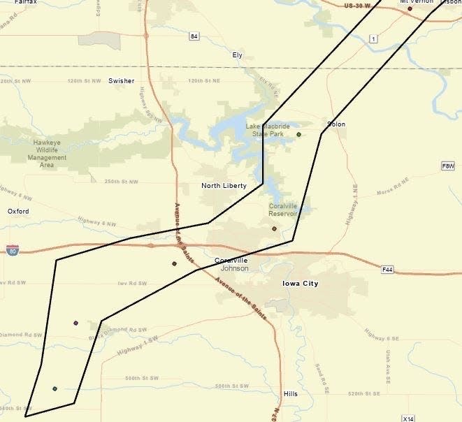 A map showing the trajectory of the tornado over Johnson County.