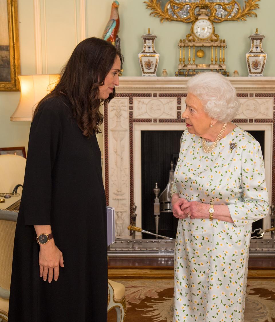 Prime Minister of New Zealand Jacinda Ardern (L) is greeted by Britain's Queen Elizabeth II during a private audience at Buckingham Palace in London on April 19, 2018. - Queen Elizabeth II, the Head of the Commonwealth opened the Commonwealth summit for what may be the last time today. (Photo by Dominic Lipinski / POOL / AFP)        (Photo credit should read DOMINIC LIPINSKI/AFP via Getty Images)