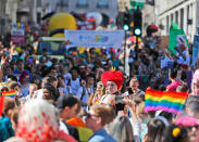 <p>Revelers enjoy the Pride London Parade in London, Saturday, July 8, 2017. (Photo: Frank Augstein/AP) </p>