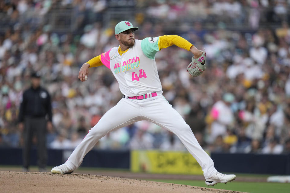 San Diego Padres starting pitcher Joe Musgrove works against a Texas Rangers batter during the second inning of a baseball game Friday, July 28, 2023, in San Diego. (AP Photo/Gregory Bull)