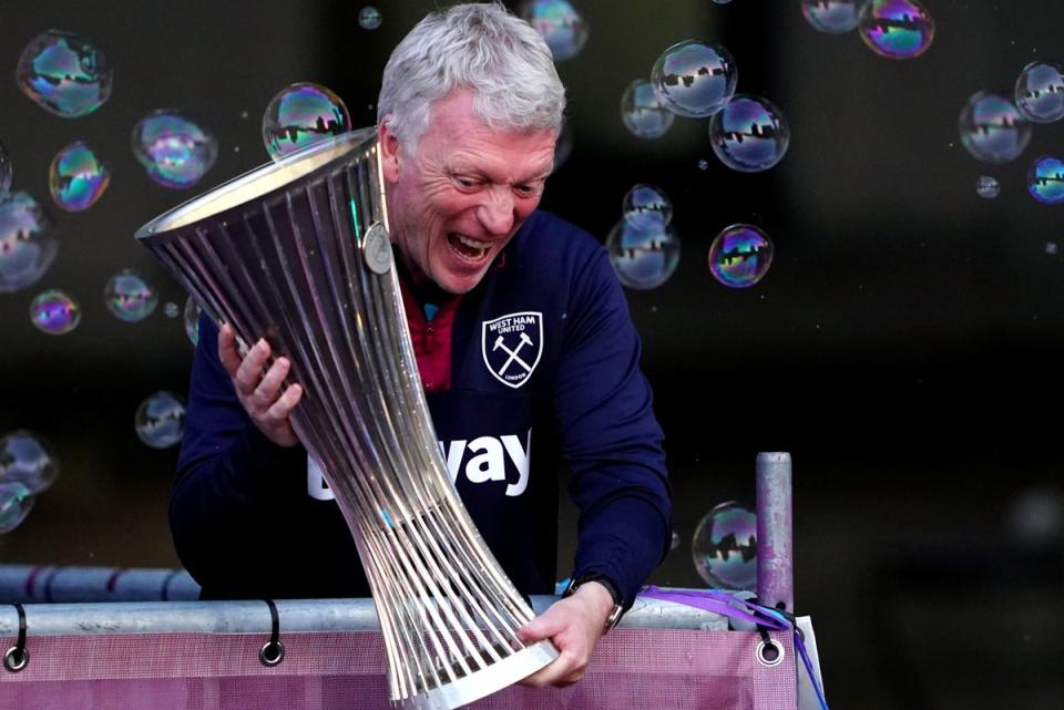 David Moyes with the Europa Conference League trophy last season (PA)