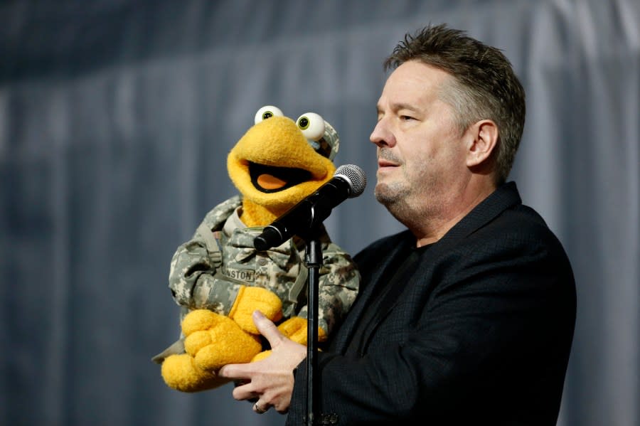 <em>Ventriloquist Terry Fator and Winston the Turtle perform the national anthem before Game 1 in the semifinals of the WNBA playoffs between the Las Vegas Aces and the Phoenix Mercury Tuesday, Sept. 28, 2021, in Las Vegas. (AP Photo/Steve Marcus)</em>