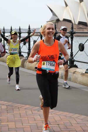 Laura approaching the finish line for the 2010 Sydney Marathon