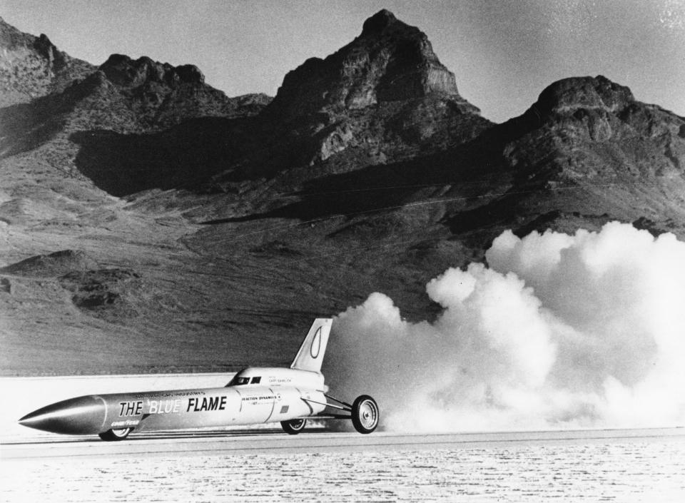 FILE - The Blue Flame performs a test run just before at Bonneville Salt Flats, Utah, on Nov. 4, 1970. The crust keeps tires cool at high speeds and provides an ideal surface for racing — unless seasonal flooding fails to recede or leaves behind an unstable layer of salt. (AP Photo, File)