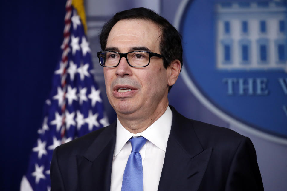 Treasury Secretary Steven Mnuchin speaks about the coronavirus in the James Brady Press Briefing Room of the White House, Tuesday, April 21, 2020, in Washington. (AP Photo/Alex Brandon)