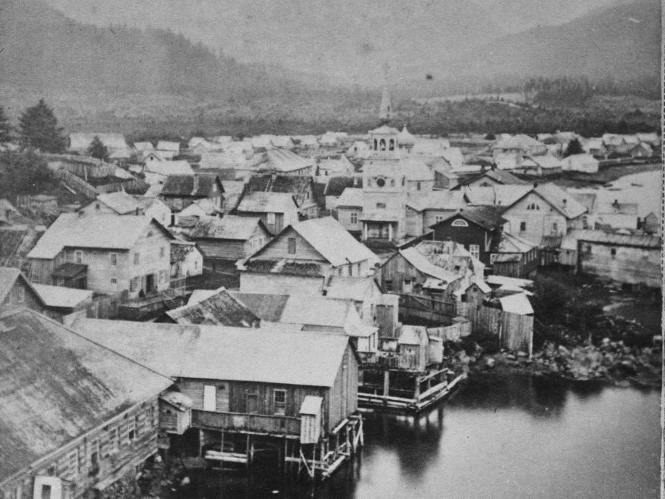 Sitka, Alaska The Russian settlement of Sitka in Alaska, circa 1880. From the Continent Stereoscopic Company of New York.