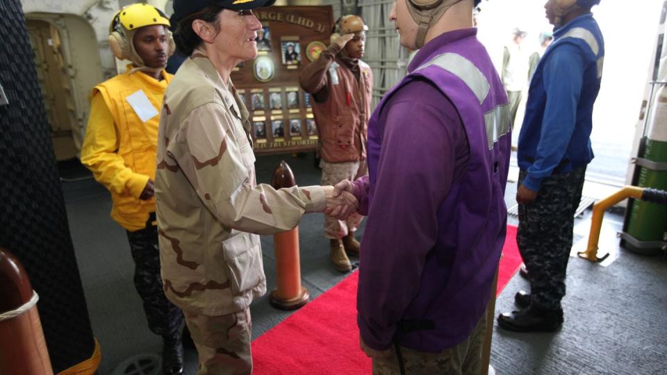 Retired Rear Adm. Peg Klein aboard the amphibious assault ship Kearsarge in 2010 while commanding Expeditionary Strike Group 5. (Marine Corps)