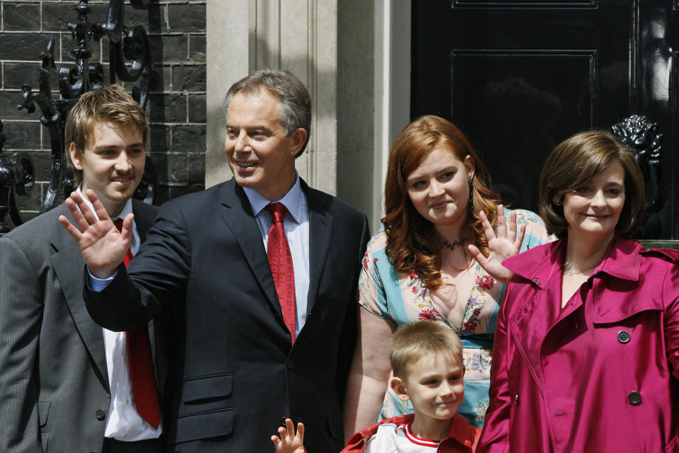 Euan, far left, stood next to father Tony Blair in front of 10 Downing Street as Blair and his family said goodbye to media in central London, on 27 June 2007. Photo: Adrian Dennis/AFP via Getty Images