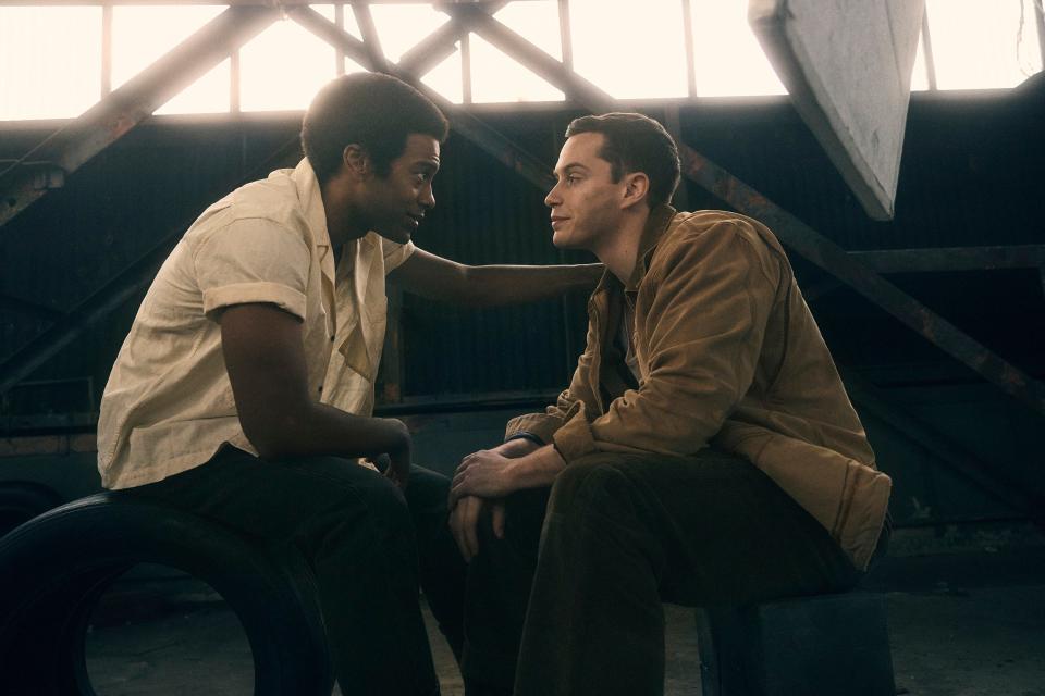 From left, Joshua Boone plays Dallas Winston and Brent Comer plays Darrel Curtis in the original Broadway cast of "The Outsiders" musical.