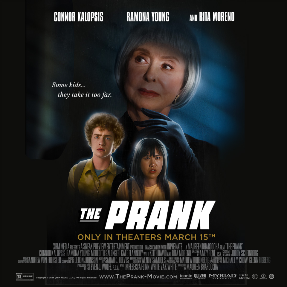 Movie poster for "THE PRANK" featuring actors Ramona Young and Rita Moreno with intense expressions, with two young actors looking worried below