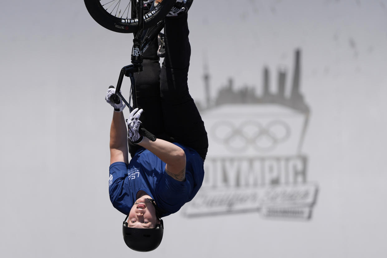 FILE - United States' Hannah Roberts competes in the Cycling BMX Freestyle Women's Park Final for the 2024 Olympic Qualifier Series held in Shanghai, May 18, 2024. Turns out Olympians and Paralympians are just like us: They watch the Summer Games or Winter Games on TV and think about which sports they would love to try. The difference, of course, is that the folks heading to Paris in July and August, already have a sport — and already are quite good at it. (AP Photo/Ng Han Guan, File)