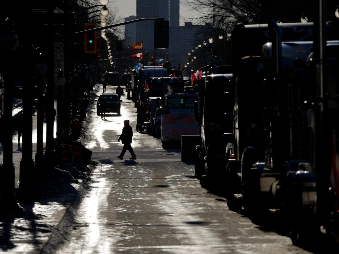 Trucks line Wellington Street in downtown Ottawa on Feb. 14, 2022, during the convoy protest that clogged the city's downtown for three weeks. Two city councillors testified at a public inquiry Friday that downtown residents felt 'abandoned' by police and the city during the occupation. (Justin Tang/The Canadian Press - image credit)