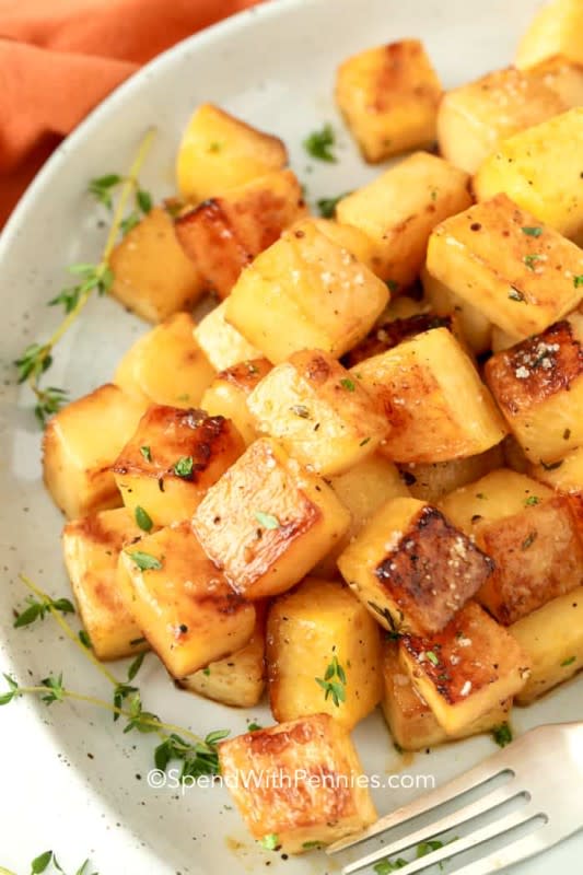 <p>Spend with Pennies</p><p>These brown sugar roasted rutabagas, like turnips, are a delicious alternative to starchy root vegetables and have lots of flavor.</p><p><strong>Get the recipe: <a href="https://www.spendwithpennies.com/brown-sugar-roasted-rutabaga/" rel="nofollow noopener" target="_blank" data-ylk="slk:Brown Sugar Roasted Rutabaga;elm:context_link;itc:0;sec:content-canvas" class="link "><em>Brown Sugar Roasted Rutabaga</em></a></strong></p><p><strong>Related: <a href="https://parade.com/1312004/kavitharamaswamy/turnip-recipes/" rel="nofollow noopener" target="_blank" data-ylk="slk:26 Delicious Turnip Recipes;elm:context_link;itc:0;sec:content-canvas" class="link ">26 Delicious Turnip Recipes</a></strong></p>