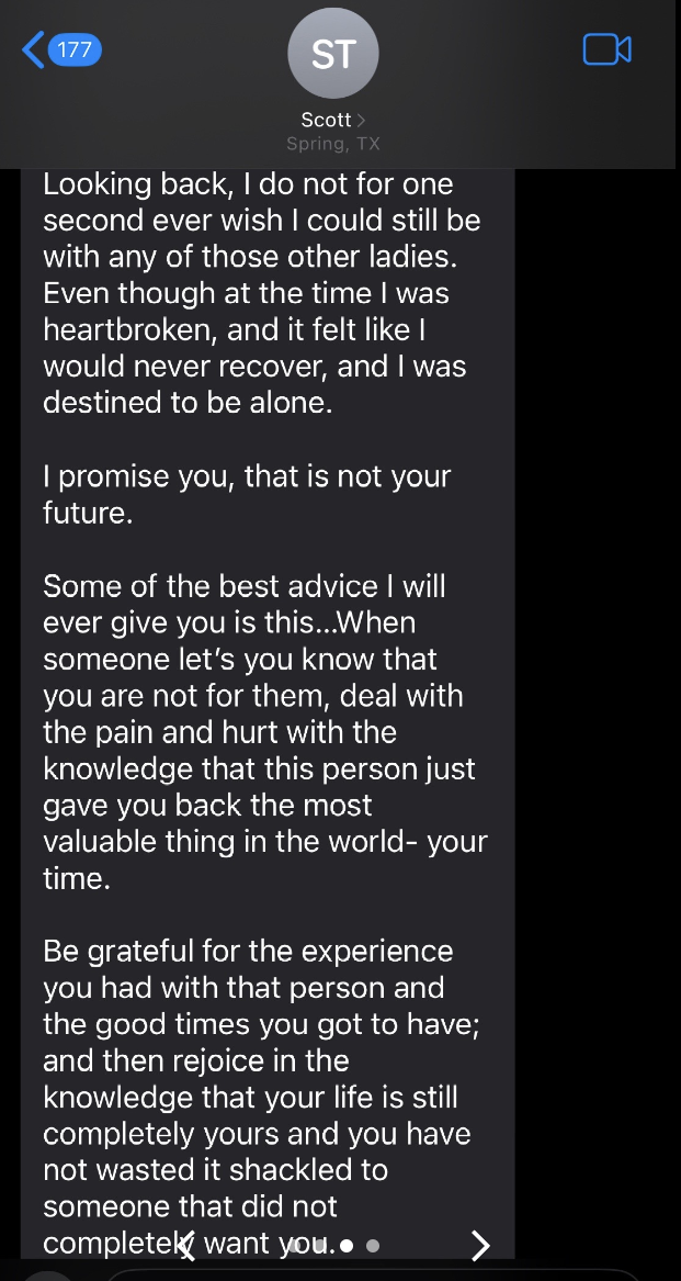 A phone screen showing a long message conversation. The text mentions coping with heartbreak, learning from past experiences, and valuing the present