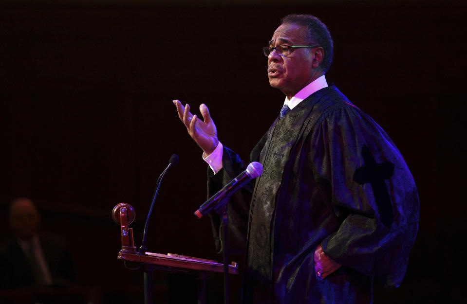 The Rev. Emanuel Cleaver II, of Kansas City, speaks during a memorial service for former U.S. Sen. Jean Carnahan in St. Louis, Saturday, Feb. 10, 2024. Carnahan died in hospice care Jan. 30. (Robert Cohen/St. Louis Post-Dispatch via AP, Pool)