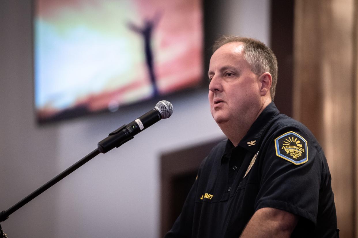 Anderson police chief Jim Stewart speaks at a prayer service at Royal Baptist Church, Thursday, August 1, 2019, which Rev. Emanuel Flemming Sr. organized to address the gun violence the city has been struggling with.