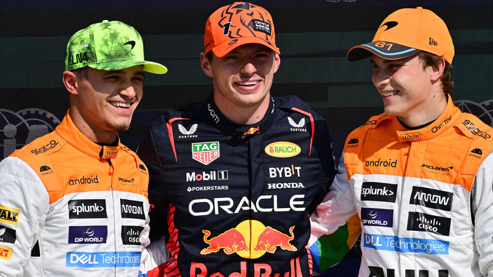 Lando Norris, Max Verstappen and Oscar Piastri pose for a photo after British GP qualifying.