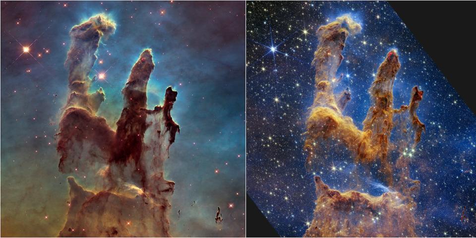 pillars of creation towering clouds of dust two pictures side by side left is hubble's version faint dusty colors right is webb's version with way more stars and darker blue backdrop