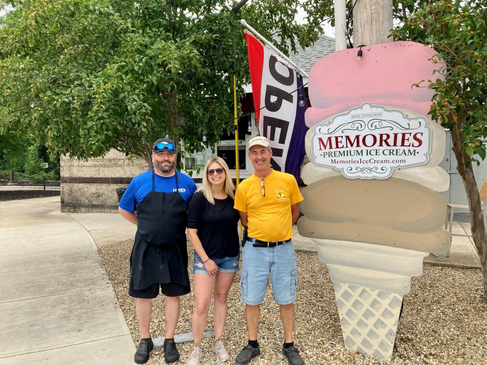 From left to right: K.C. Cargill, Sidetracks owner; Jayne Powell, Gerry's Variety store manager; and Steve Padfield, owner of Memories Ice Cream in front of the ice cream stand on Monday, Aug. 7 2023.