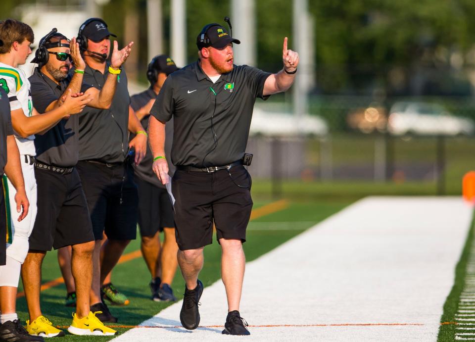 Northridge coach Chad Eppley during the Adams vs. Northridge high school football game Friday, Aug. 20, 2021 at School Field in South Bend. 