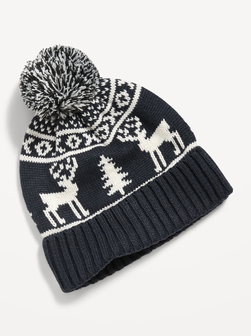 Cozy-Knit Fair Isle Pom-Pom Beanie Hat in navy fair isle (Photo via Old Navy)