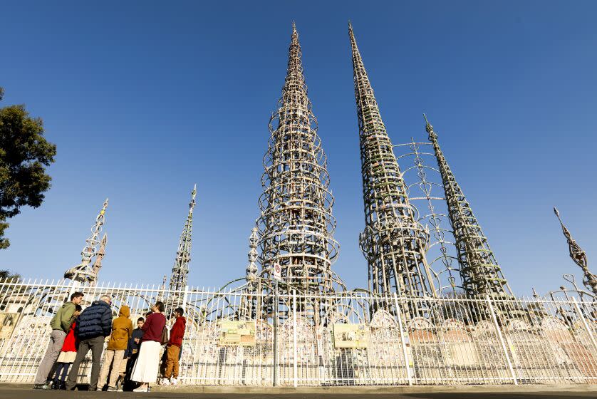 Los Angeles, California-Dec. 17, 2021-For the 100-year anniversary of Watts Towers, in Los Angeles, California, a look at the towers as they are today. Photograph taken on Dec. 17, 2021. (Carolyn Cole / Los Angeles Times)