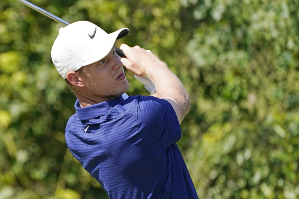 Cameron Davis, of Australia, watches his drive from the 10th tee during the third round of the Sanderson Farms Championship golf tournament in Jackson, Miss., Saturday, Oct. 3, 2020. (AP Photo/Rogelio V. Solis)