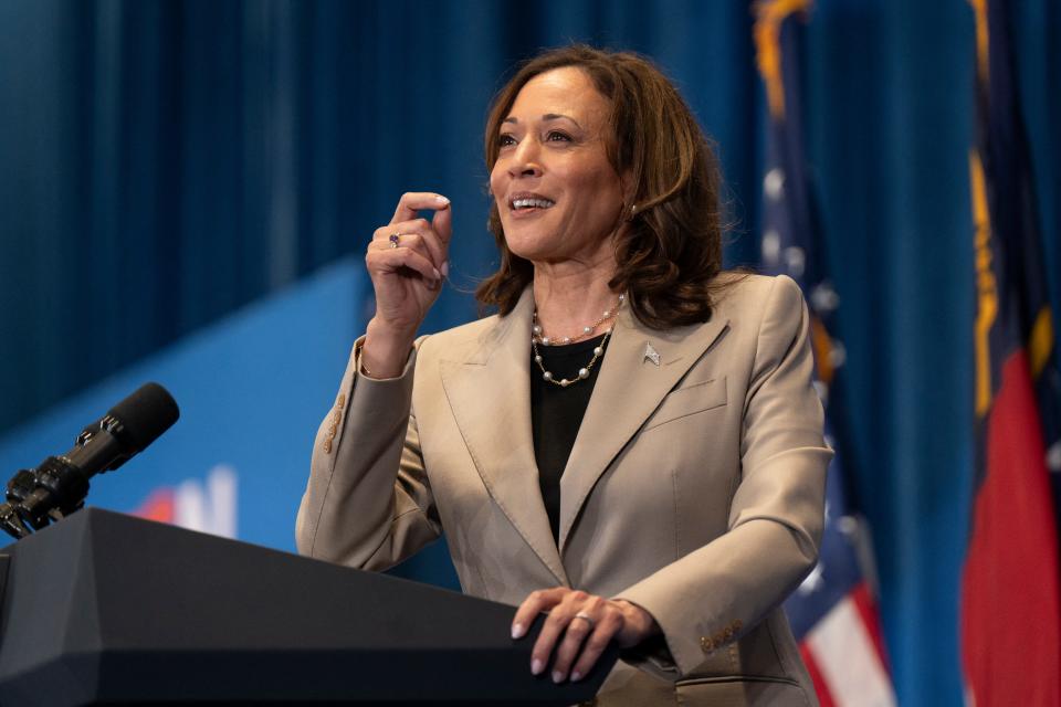 US Vice President Kamala Harris speaks during a campaign event at Westover High School in Fayetteville, North Carolina, on July 18, 2024.