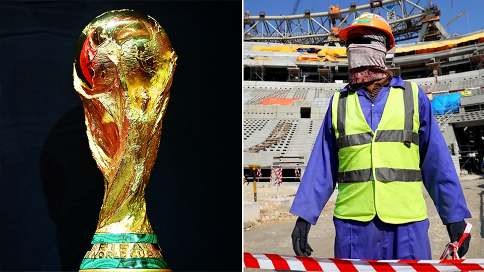 FIFA World Cup trophy (pictured left) and (pictured right) a worker in a stadium in Qatar.