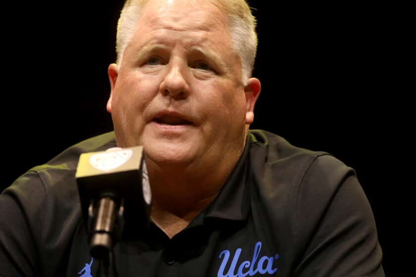 LOS ANGELES, CA - JULY 29, 2022 - - UCLA Head Coach Chip Kelly answers a question during a Q & A session during the Pac-12 Media Day at The Novo at L.A. LIVE on July 29, 2022. (Genaro Molina / Los Angeles Times)