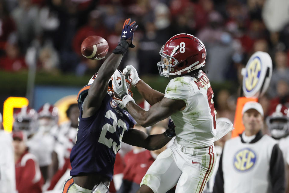 Auburn cornerback Roger McCreary (23) breaks up a pass intended for Alabama wide receiver John Metchie III at Jordan-Hare Stadium. (John Reed-USA TODAY Sports)