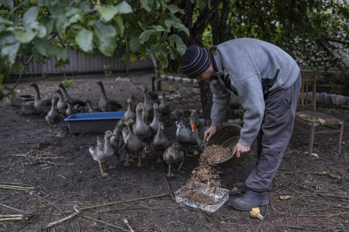 Andriy Kotsar, who was tortured by Russian soldiers, feeds birds in the recently liberated town of Izium, Ukraine, Tuesday, Sept. 20, 2022. Russian torture in Izium was arbitrary, widespread and absolutely routine, extending to both civilians and soldiers throughout the city, an AP investigation has found. (AP Photo/Evgeniy Maloletka)