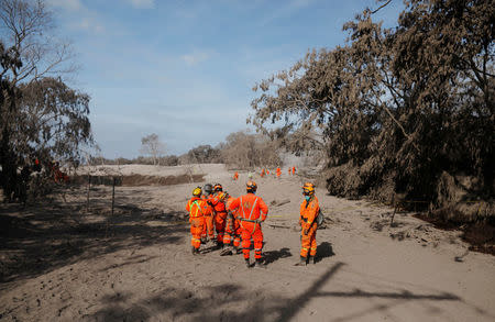 Members of the Guatemala's National Disaster Management Agency (CONRED) continue the search for bodies at an area affected by the eruption of the Fuego volcano at El Rodeo in Escuintla, Guatemala June 5, 2018. REUTERS/Jose Cabezas