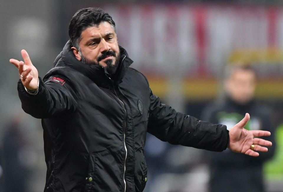 Milan's coach Gennaro Gattuso reacts during the match against Napoli during their Italian Serie A soccer match between AC Milan and Napoli, at the Giuseppe Meazza stadium in Milan, Italy, Saturday, Jan. 26, 2019. (Daniel Dal Zennaro/ANSA via AP)